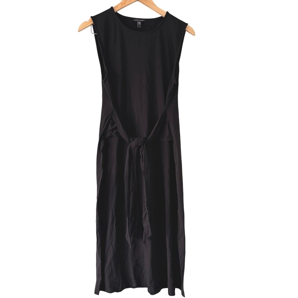 Eileen Fisher Midi Dress Small Black Sleeveless Front Tie Slit Jersey Knit